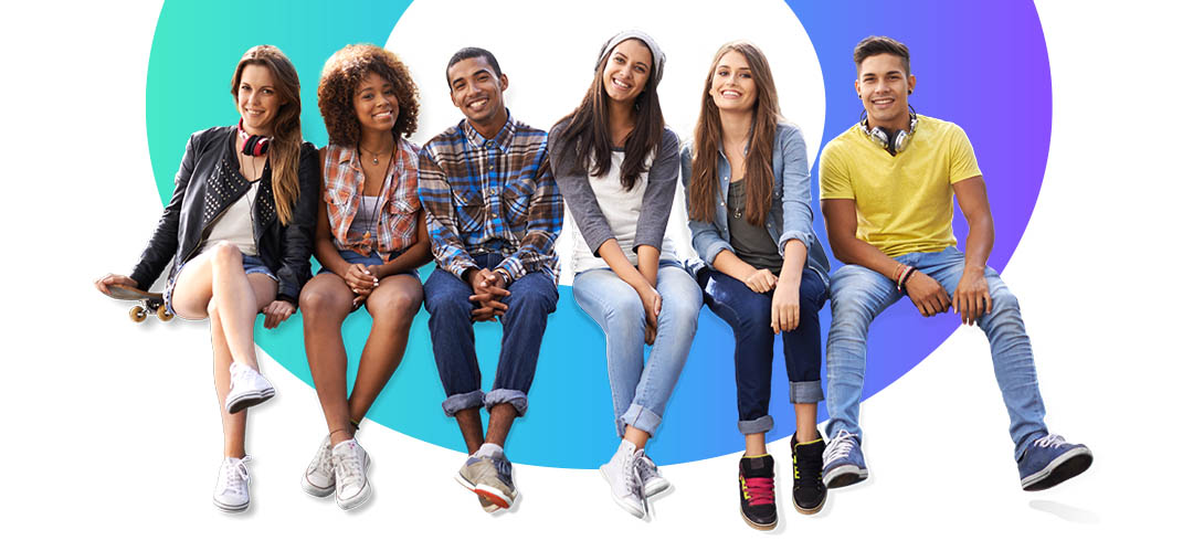 Gen z mindhamok students sitting down with the mindhamok colours behind them